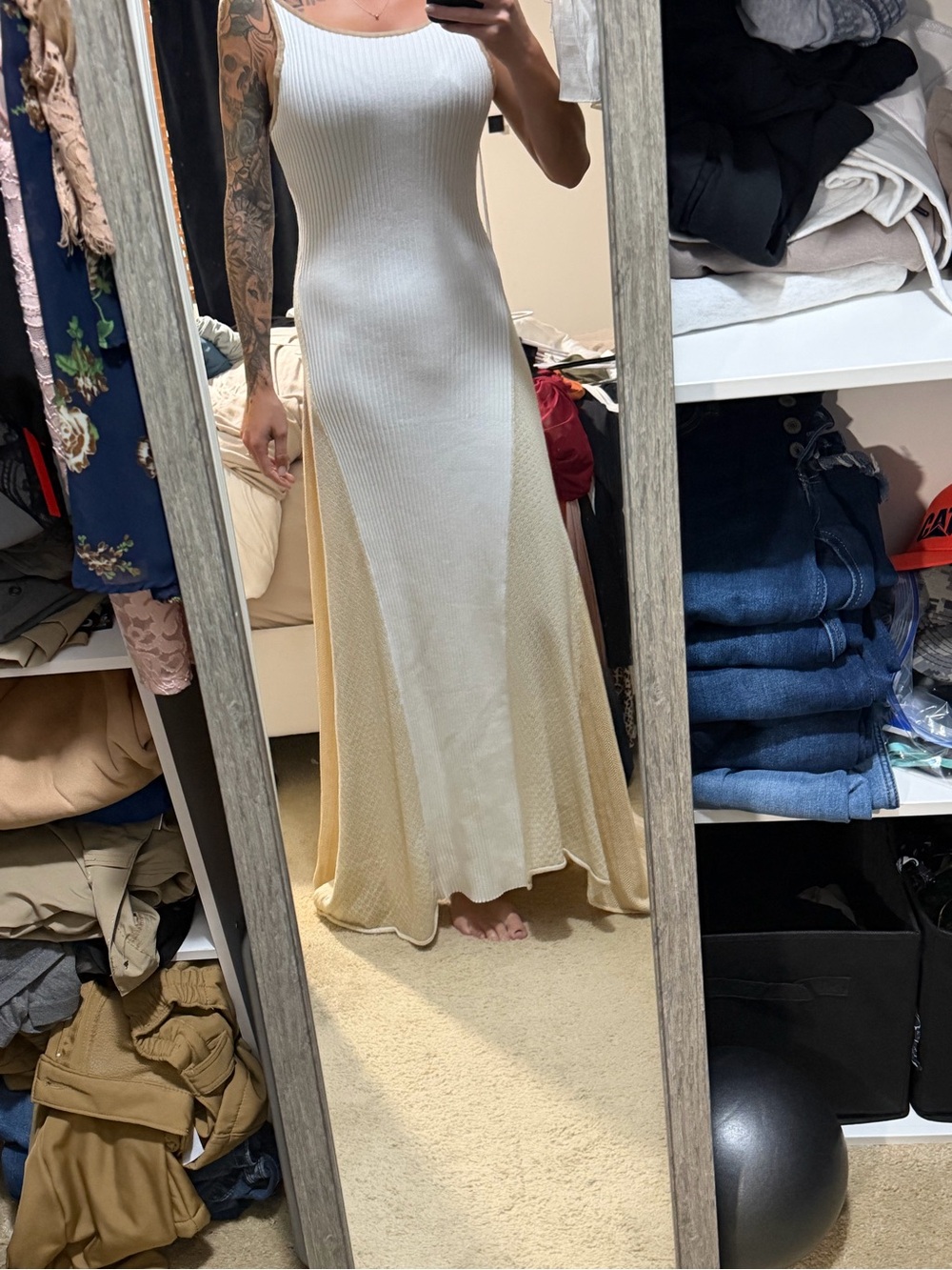 The Vintage Shop Cream Ribbed Maxi Dress with Flared Panels
